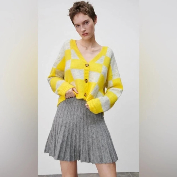 Zara Alpaca Wool Blend Boxy Button Front V Neck Cardigan Sweater Yellow Checked - Picture 5 of 12